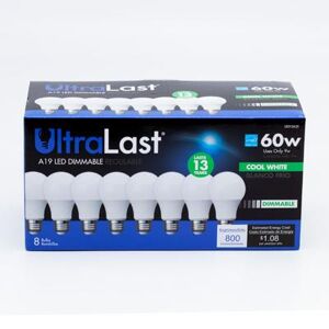 UltraLast 60 Watt Equivalent A19 4000K Cool White Energy Efficient LED Light Bulb - 8 Pack