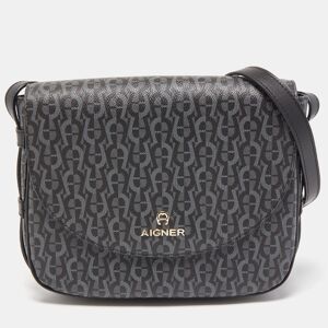 Aigner Black/Grey Signature Coated Canvas and Leather Flap Crossbody Bag