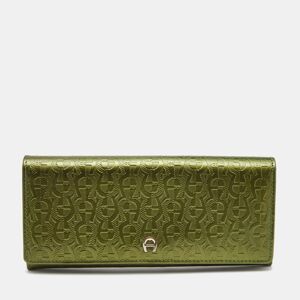Aigner Meadow Green Logo Embossed Patent Leather Continental Flap Wallet