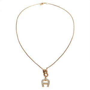 Aigner Gold Tone Crystal Logo Pendant Necklace