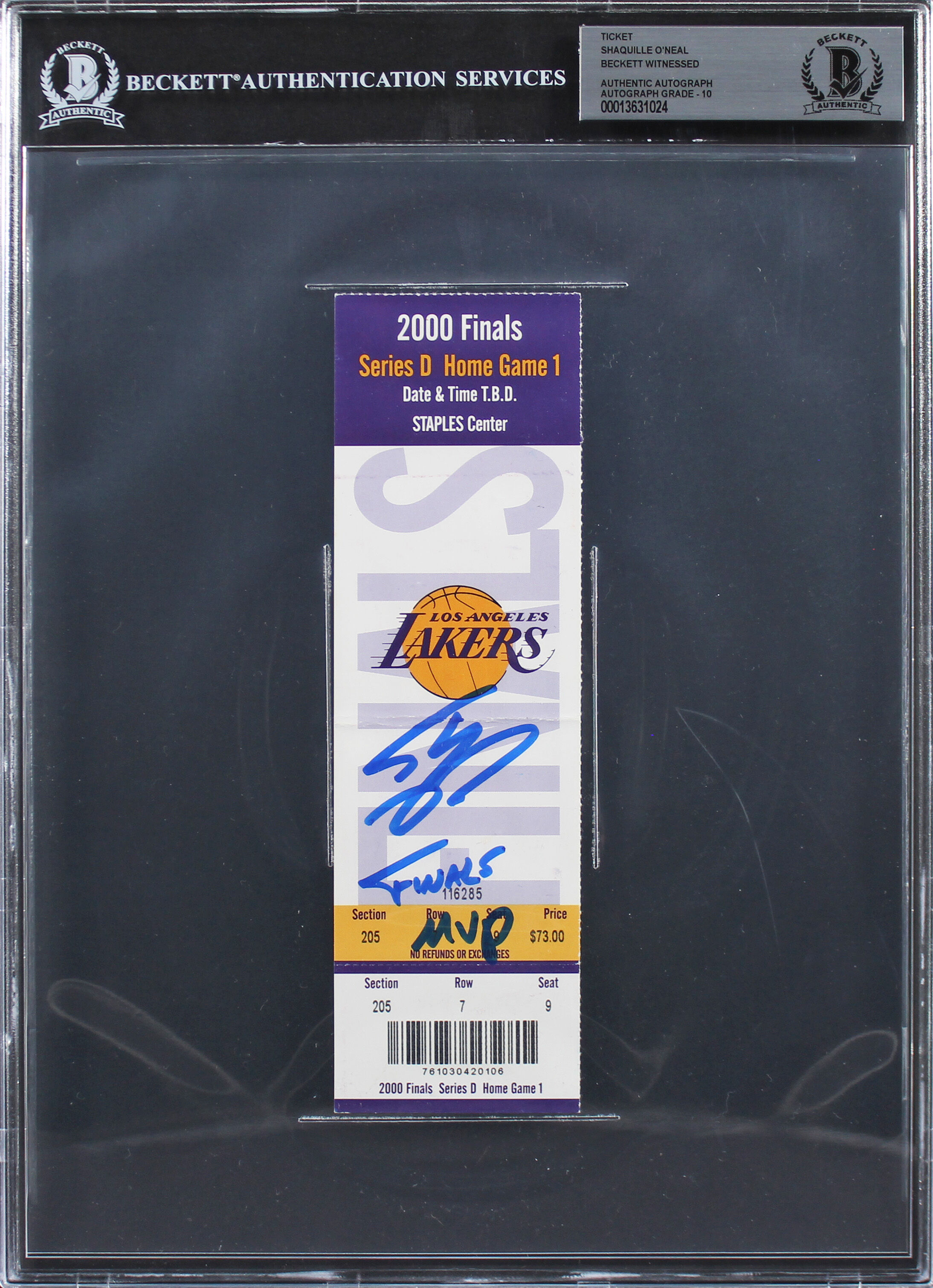 Press Pass Collectibles Shaquille O'Neal Finals MVP Signed 2000 Finals GM 1 Ticket Stub Auto 10 BAS Slab