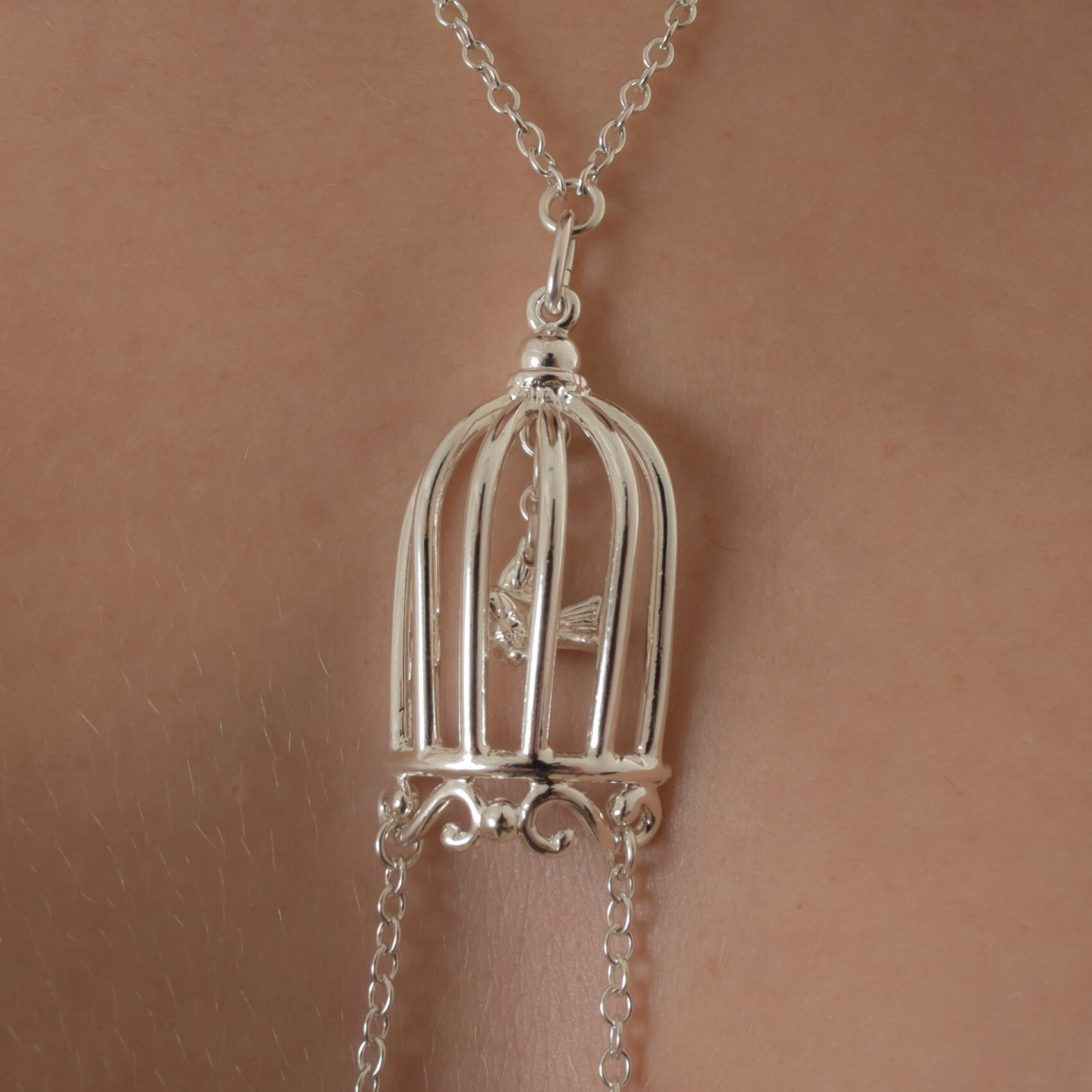 Paths That Cross - Women's Bird in a Cage Neck Breast Chain and Non-Piercing Nipple Rings in Silver