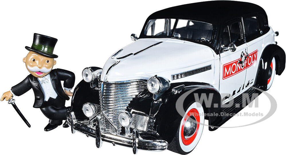 1939 Chevrolet Master Deluxe Black and White Monopoly and Mr. Monopoly Diecast Figure Hollywood Rides Series 1/24 Diecast Model Car by Jada