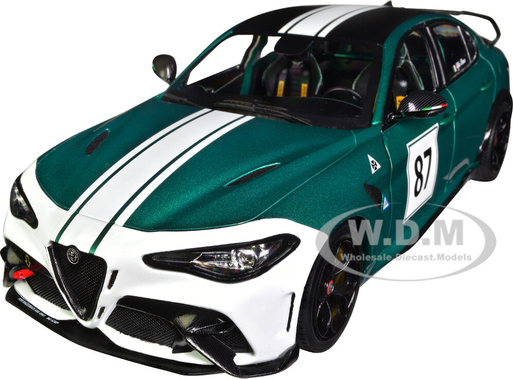 2021 Alfa Romeo Giulia GTA M #87 Green Metallic with Carbon Top and White Stripes Nurburgring 1973 Tribute Competition Series 1/18 Diecast Model Car by Solido