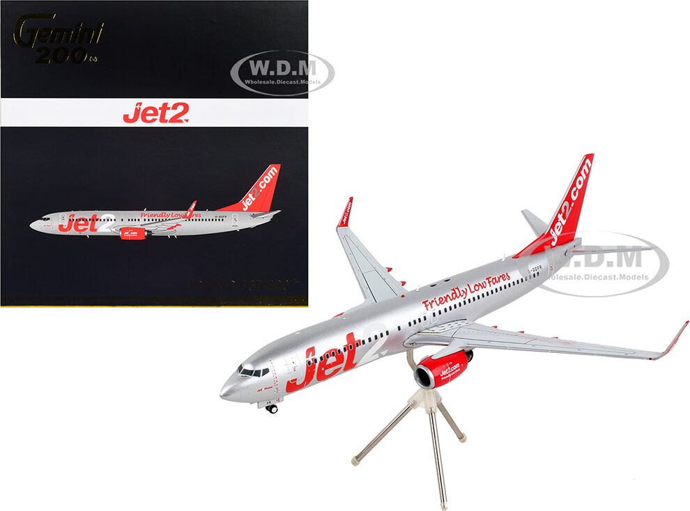 Boeing 737-800 Commercial Aircraft Jet2.Com Silver with Red Tail Gemini 200 Series 1/200 Diecast Model Airplane by GeminiJets