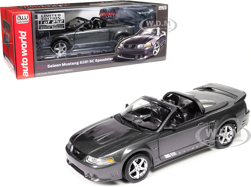 2003 Ford Mustang Saleen S281 SC Speedster Dark Shadow Gray Metallic (Signed by Steve Saleen) Limited Edition to 252 pieces Worldwide American Muscle Series 1/18 Diecast Model Car by Auto World