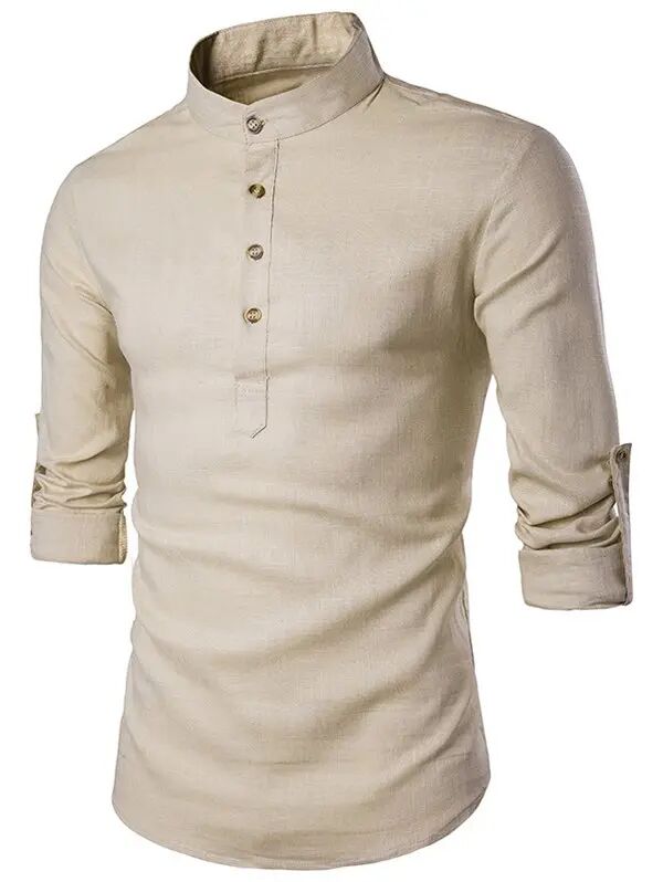 Men Shirt Half Button Placket Roll Up Sleeve Shirt Clothing Online S Light khaki