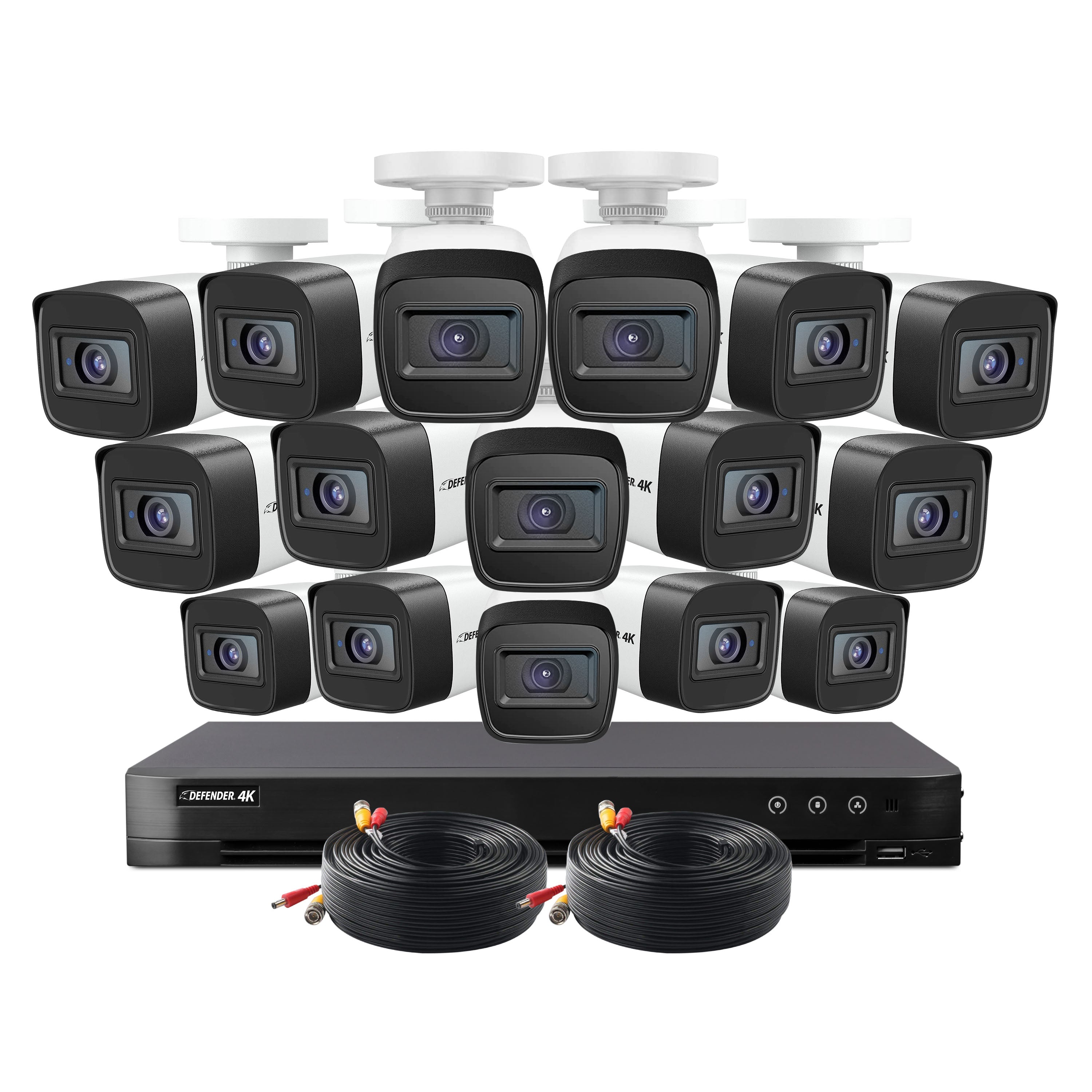 Defender Cameras 4K Ultra HD Wired 16 Channel Security System / 16 Cameras 2 Extra 60ft. Extension Cables + 2-Year