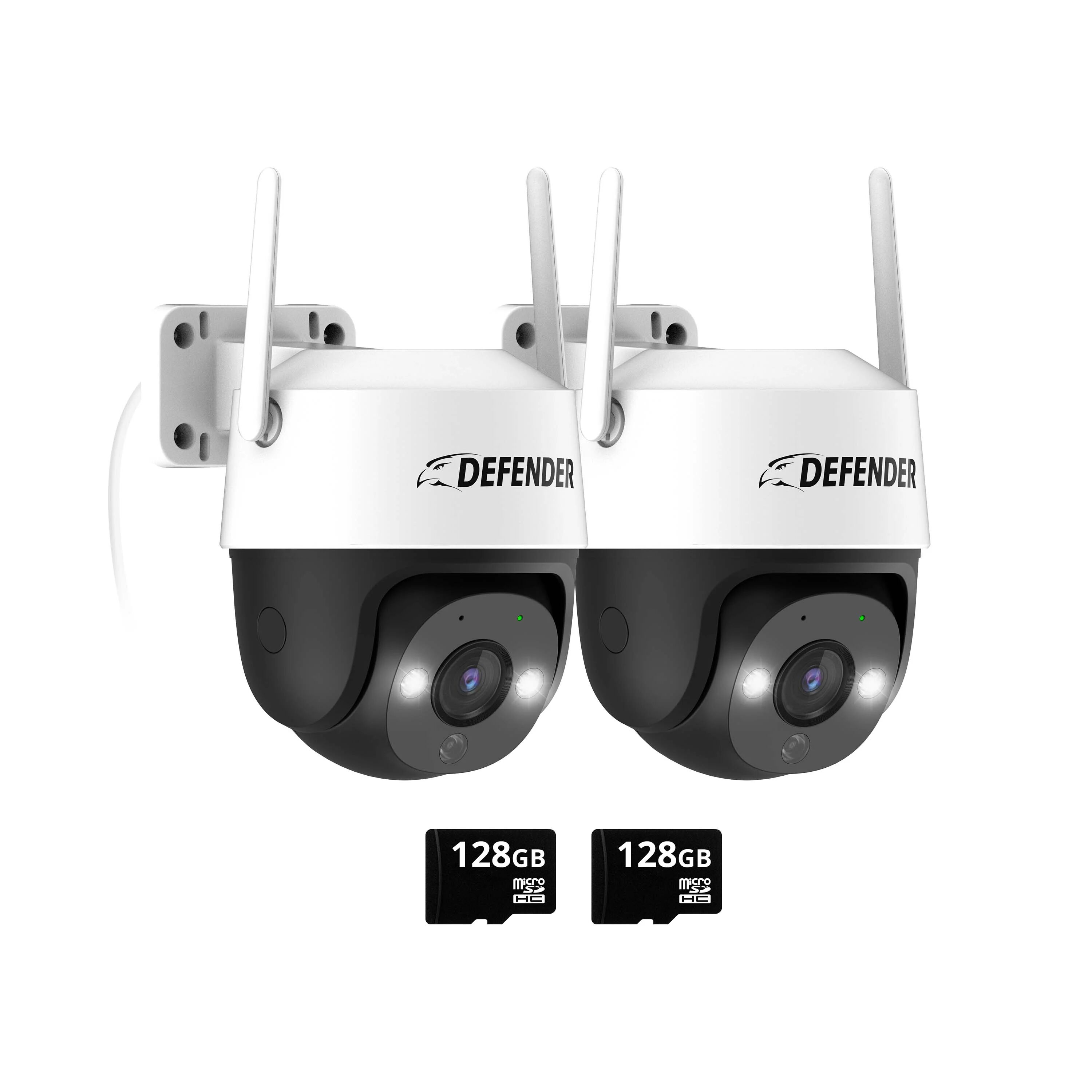 Defender Cameras EXCLUSIVE BUNDLE: Guard Pro PTZ 2K Wi-Fi. Plug-In Power Security Camera / 2 Pack. 2 128GB SD Cards