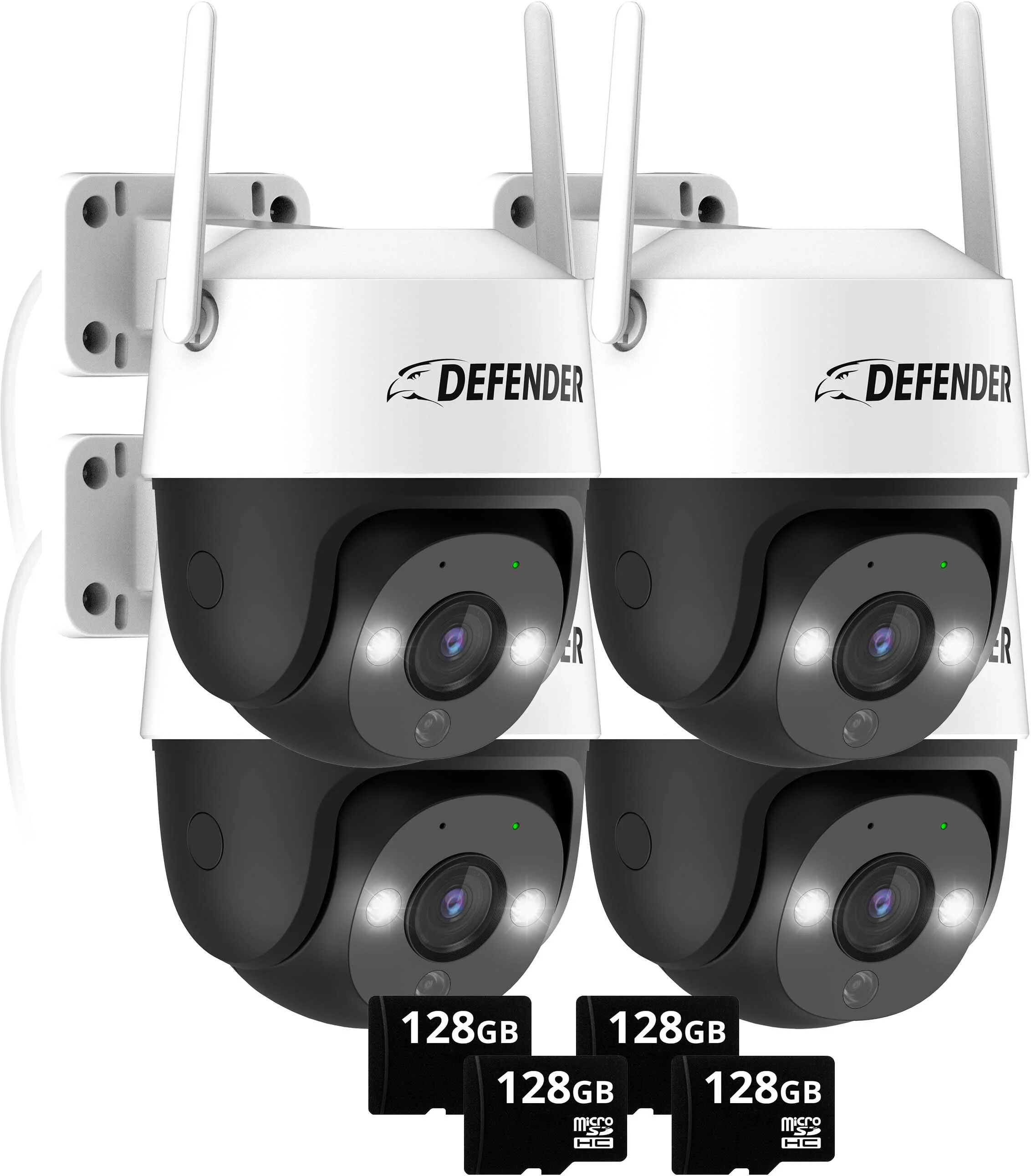 Defender Cameras EXCLUSIVE BUNDLE: Guard Pro PTZ 2K Wi-Fi. Plug-In Power Security Camera / 4 Pack. 4 128GB SD Cards