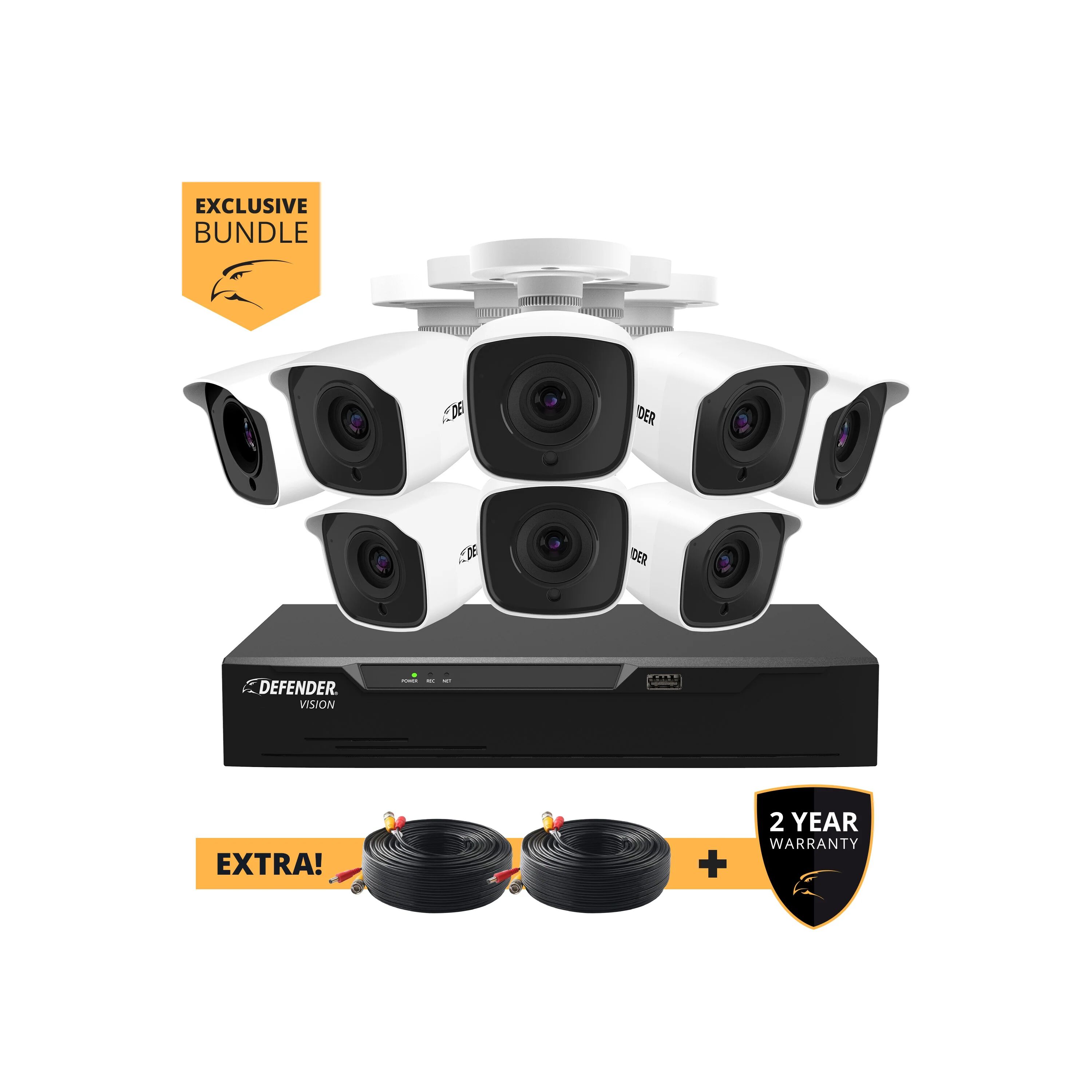 Defender Cameras Exclusive Bundle: Vision 4K Ultra HD Wired 8 Channel Security System / 8 Cameras