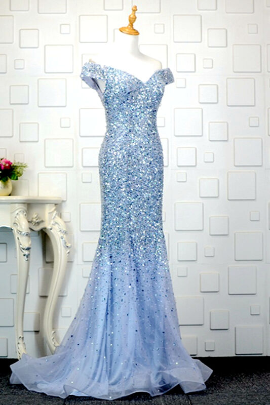BM Bridal BMbridal Glamorous Off-the-Shoulder Blue Mermaid Prom Dresses with Rhinestones On Sale