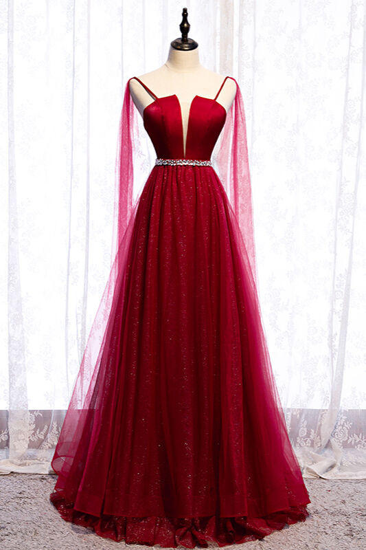 BM Bridal BMbridal Stunning Spaghetti Straps Tulle Burgundy Prom Dresses V-Neck Sleeveless Sequins Evening Dresses Online