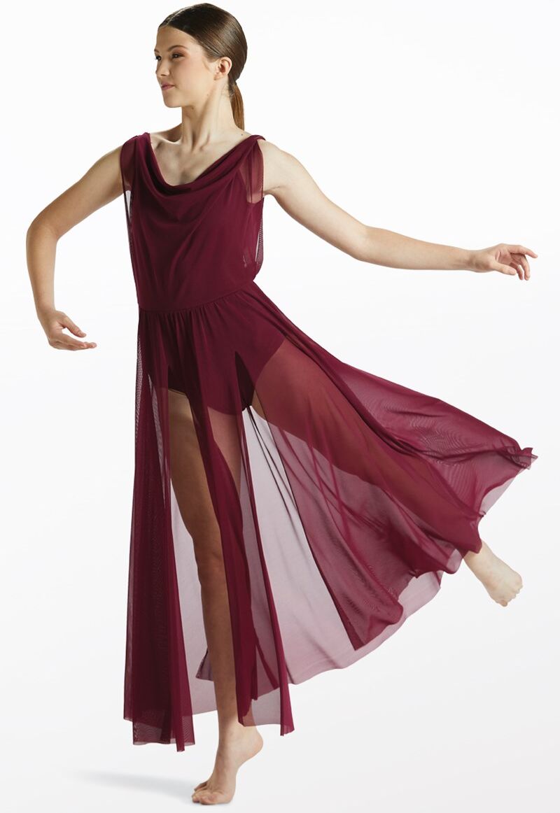 Balera Performance Dance Dresses - Double Cowl Mesh Maxi Dress - Black Cherry - Extra Large Adult - D10454