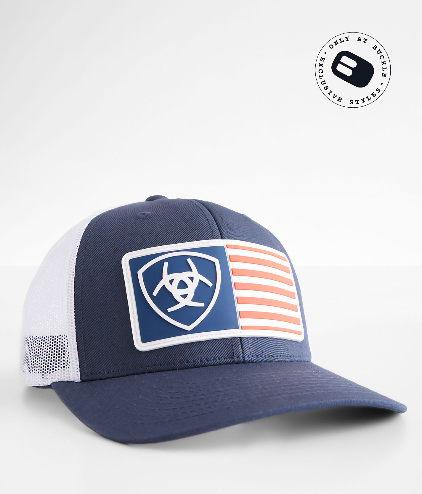 Ariat Rubber Flag Patch Trucker Hat  - White;Blue - male