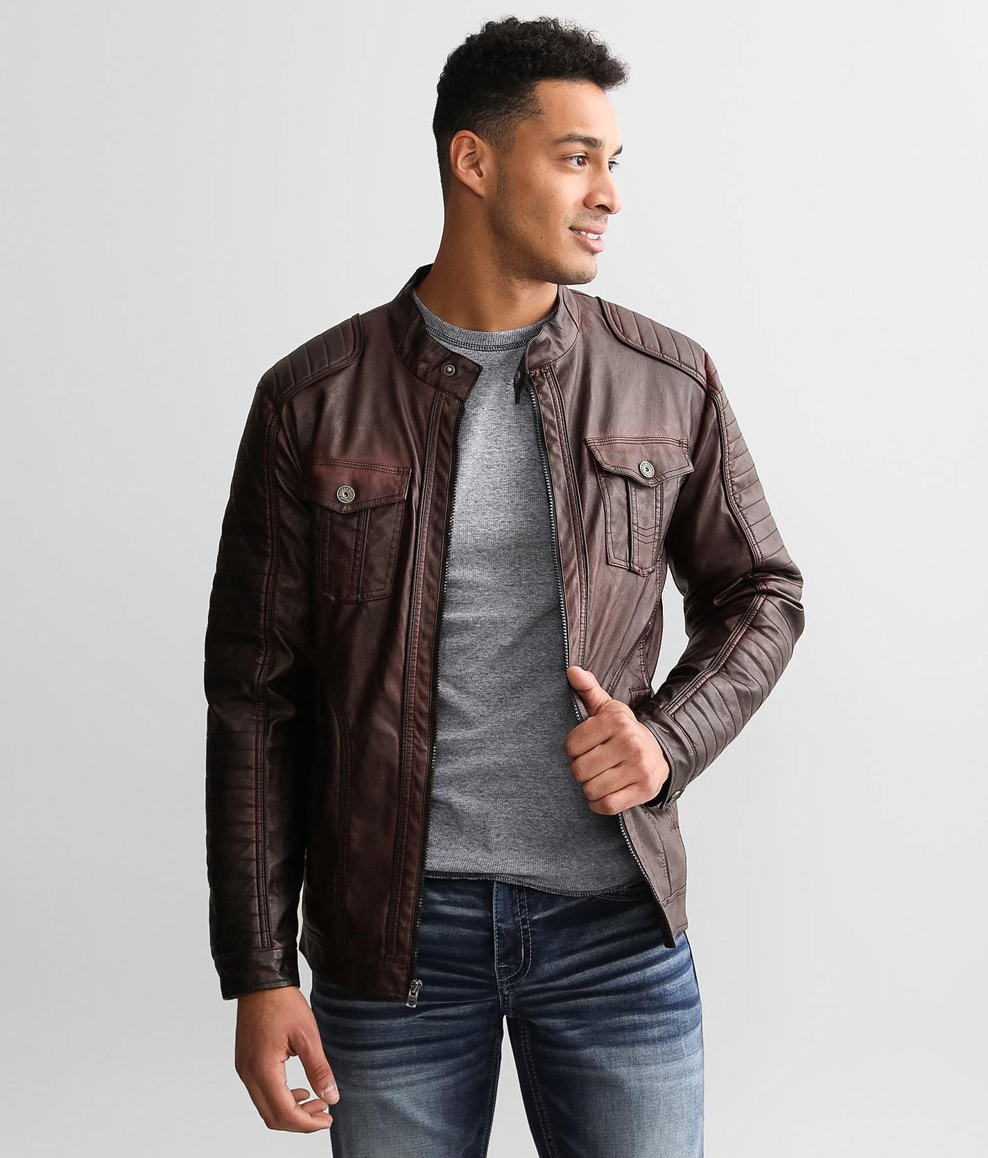 Buckle Black Distressed Faux Leather Jacket  - Red - male - Size: Medium