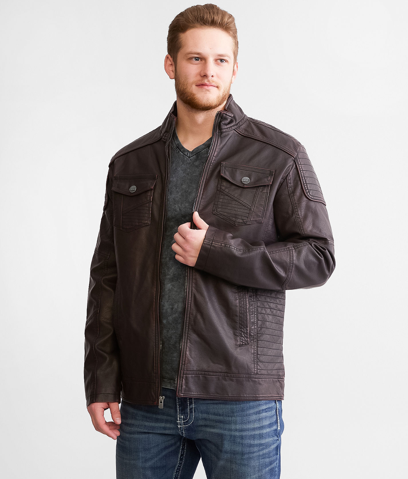 Buckle Black Faux Leather Jacket  - Brown - male - Size: Extra Small