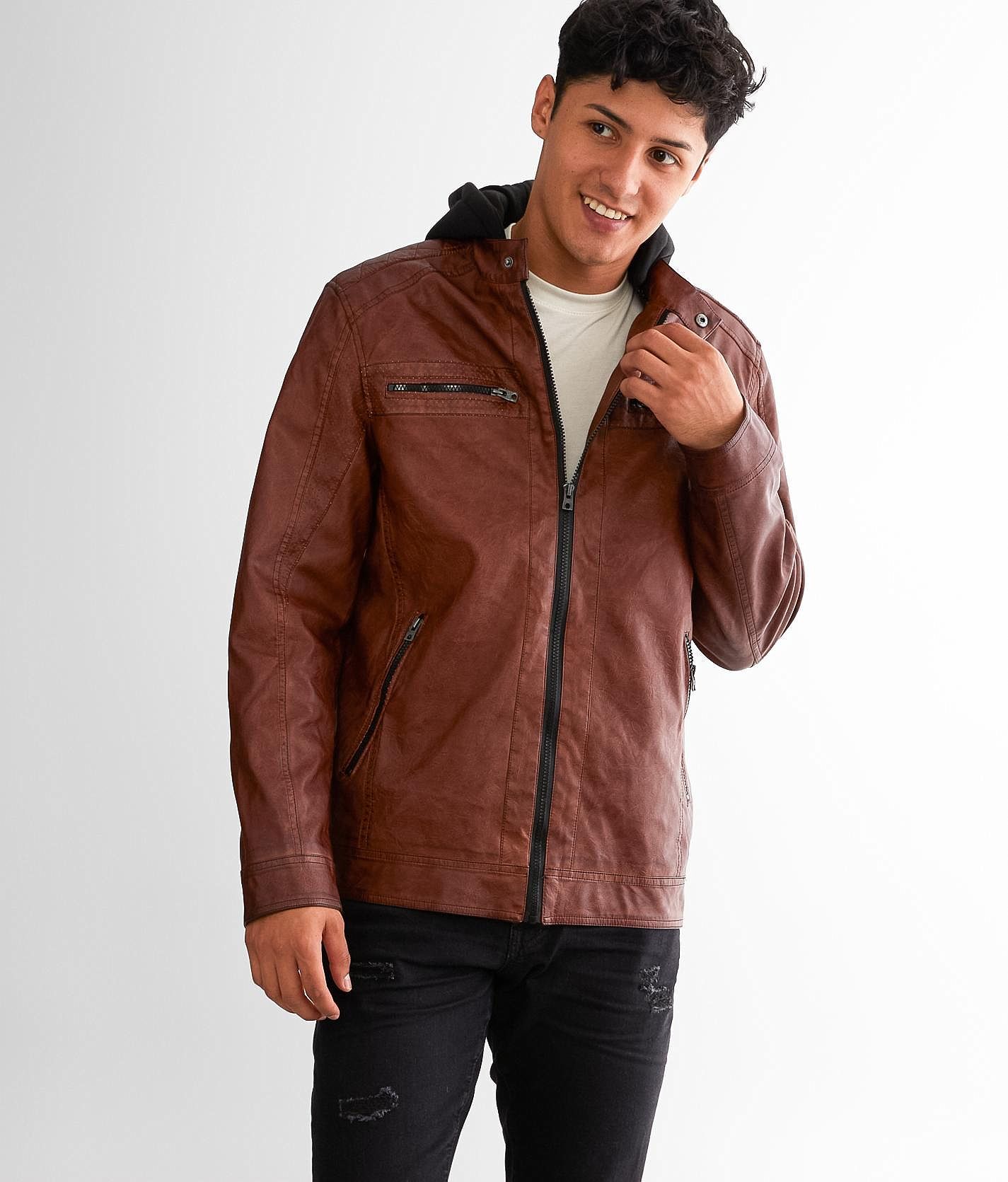 Buckle Black Hooded Faux Leather Jacket  - Brown - male - Size: Medium