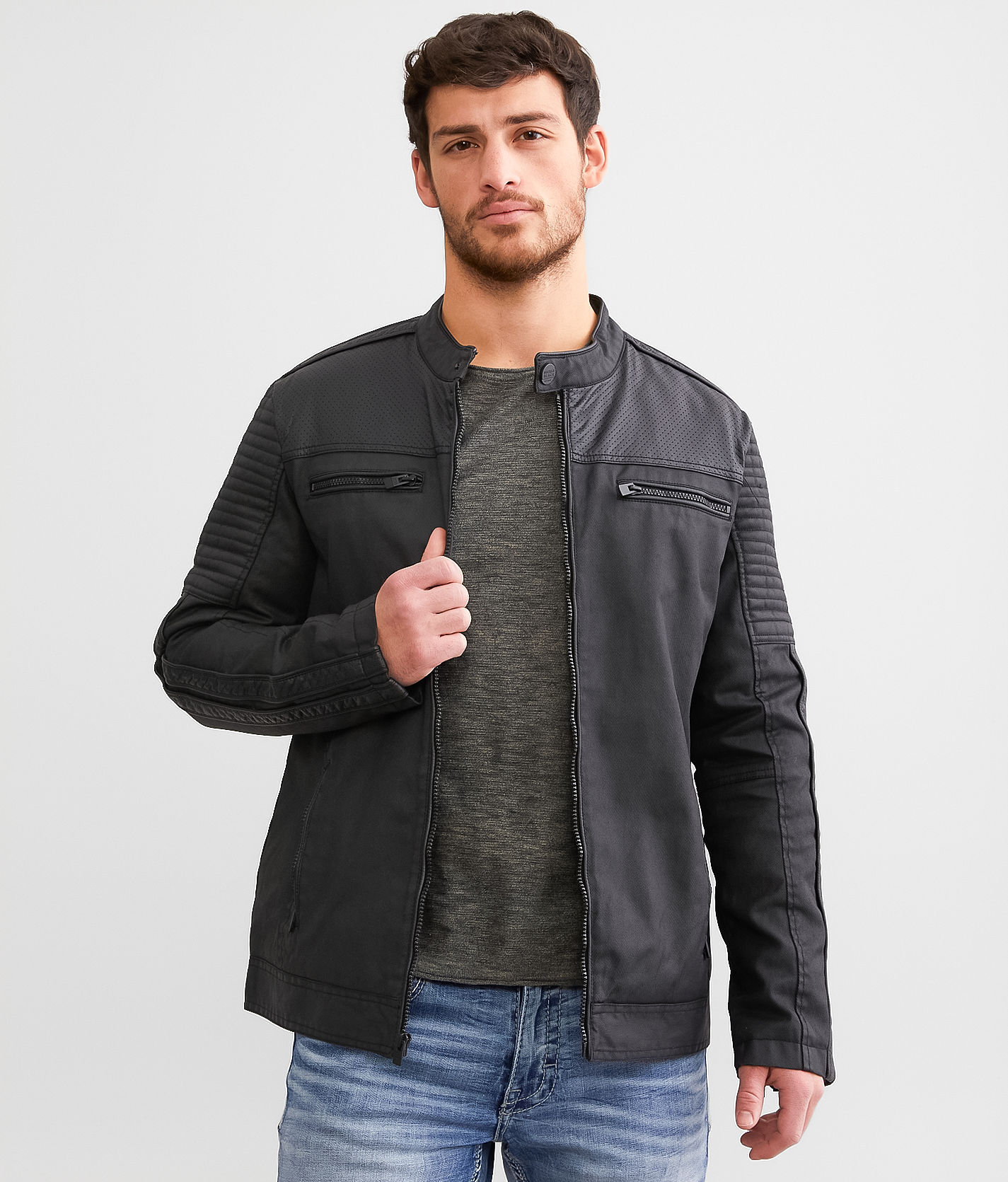 Buckle Black Perforated Faux Leather Jacket  - Black - male - Size: Medium
