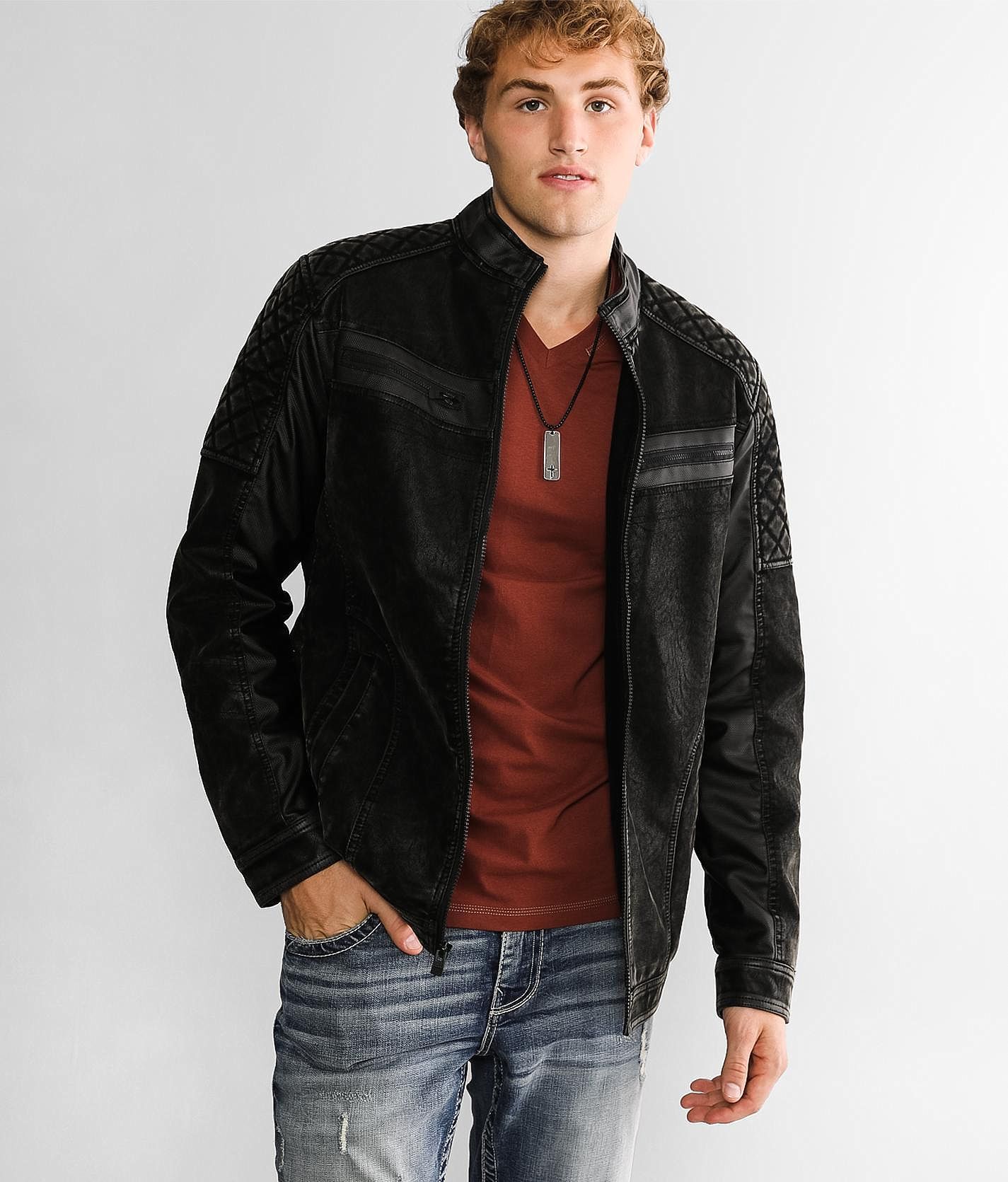 Buckle Black Washed Faux Leather Jacket  - Black - male - Size: Medium