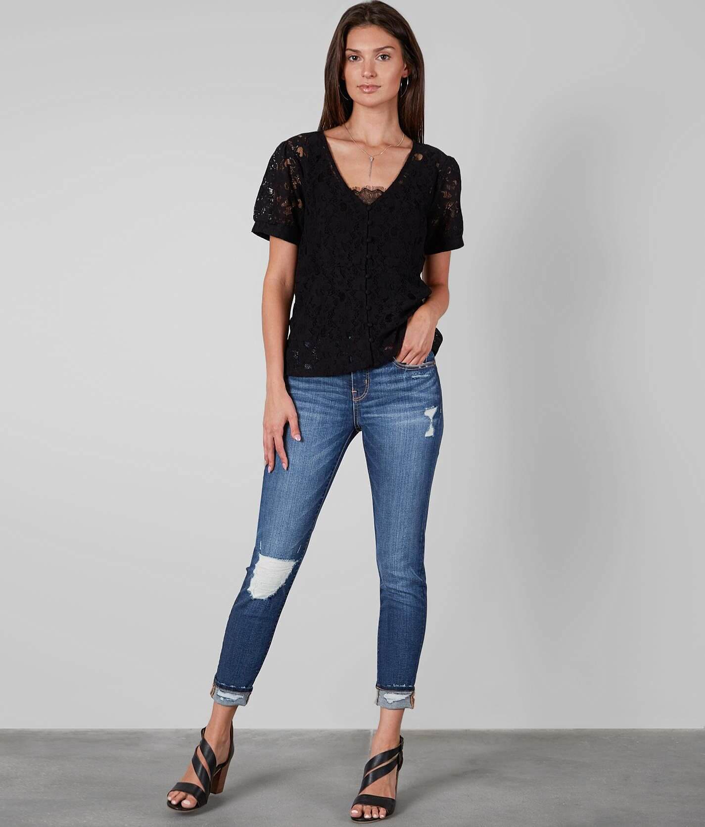 Buckle Black Lace Blouse  - Black - female - Size: Extra Small