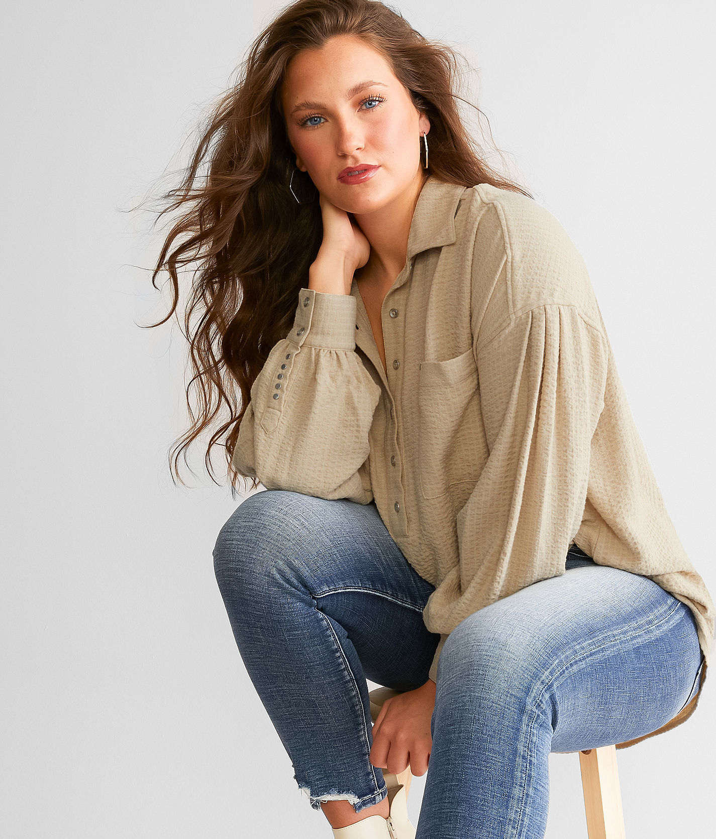 BKE Peasant Tunic Henley  - Khaki - female - Size: Medium