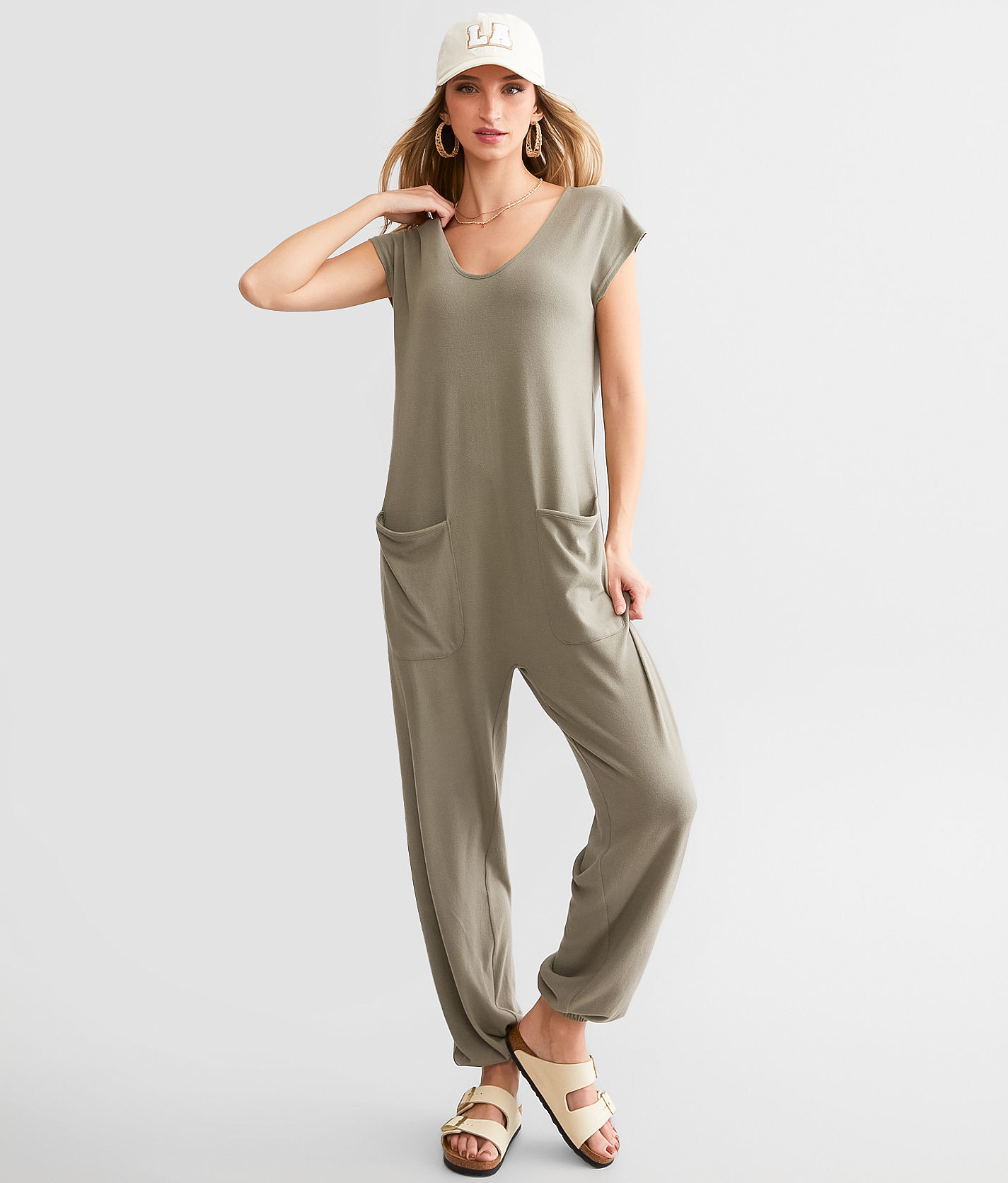 BKE Brushed Knit Jumpsuit  - Green - female - Size: Large