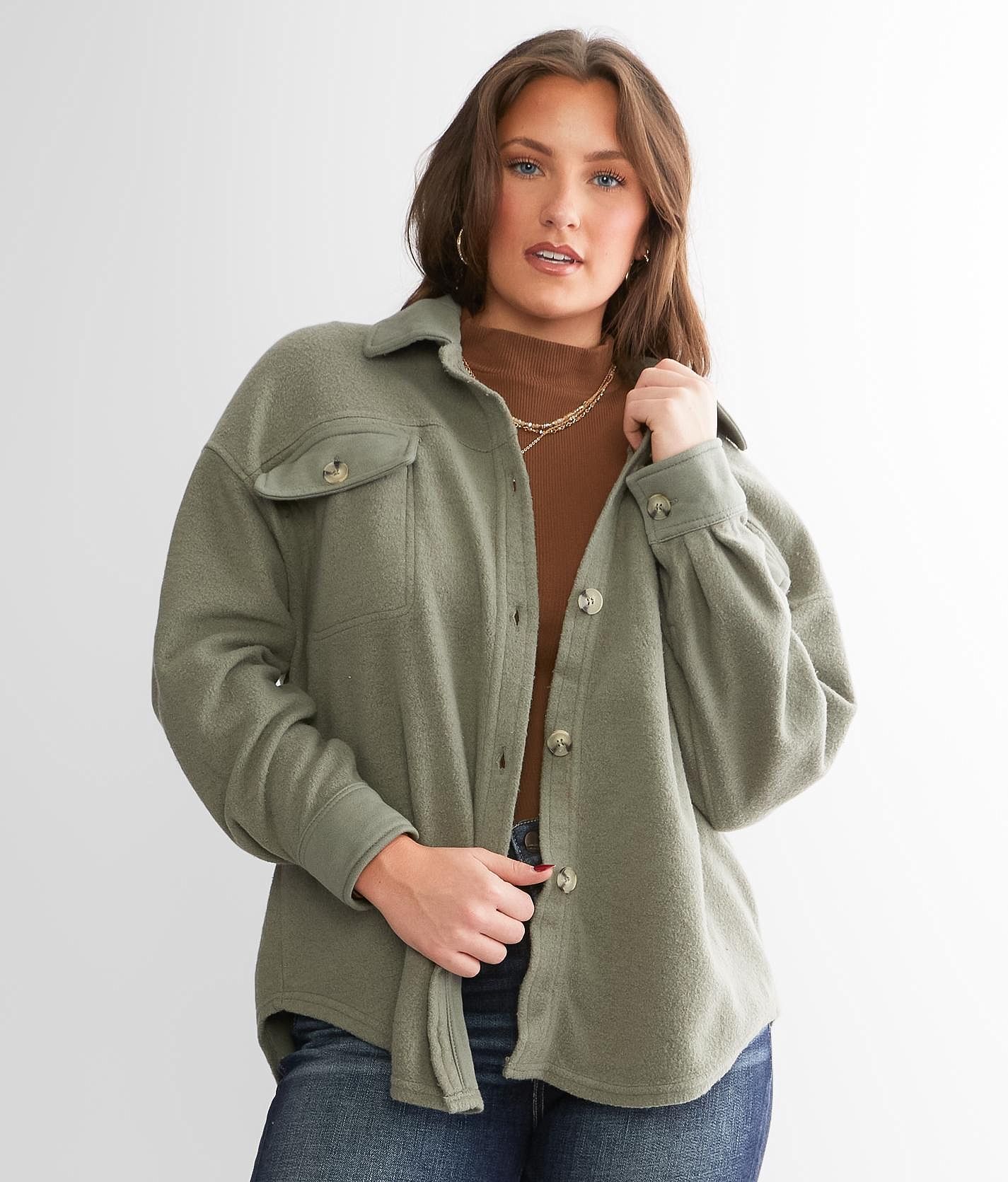 Coffee Shop Fleece Shacket  - Green - female - Size: Large