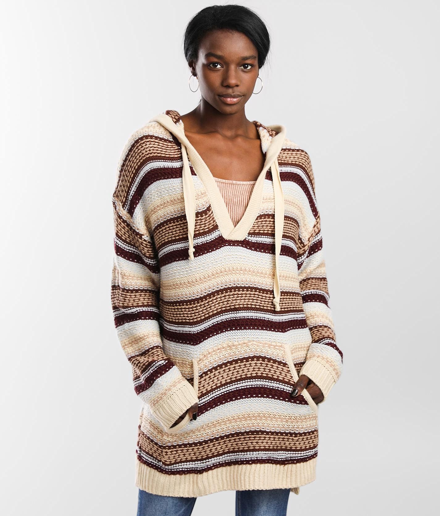 BKE Striped Pullover Hooded Sweater  - Brown;Red;Cream - female - Size: Extra Small