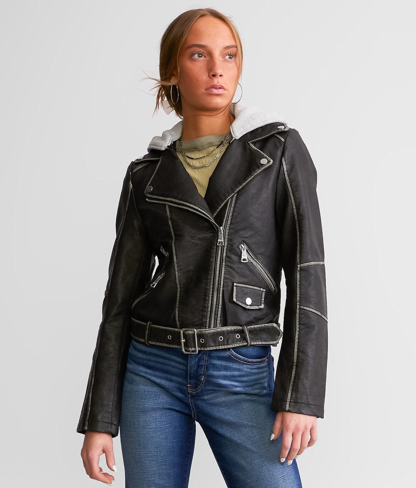 Vigoss Hooded Faux Leather Jacket  - Black - female - Size: Extra Small