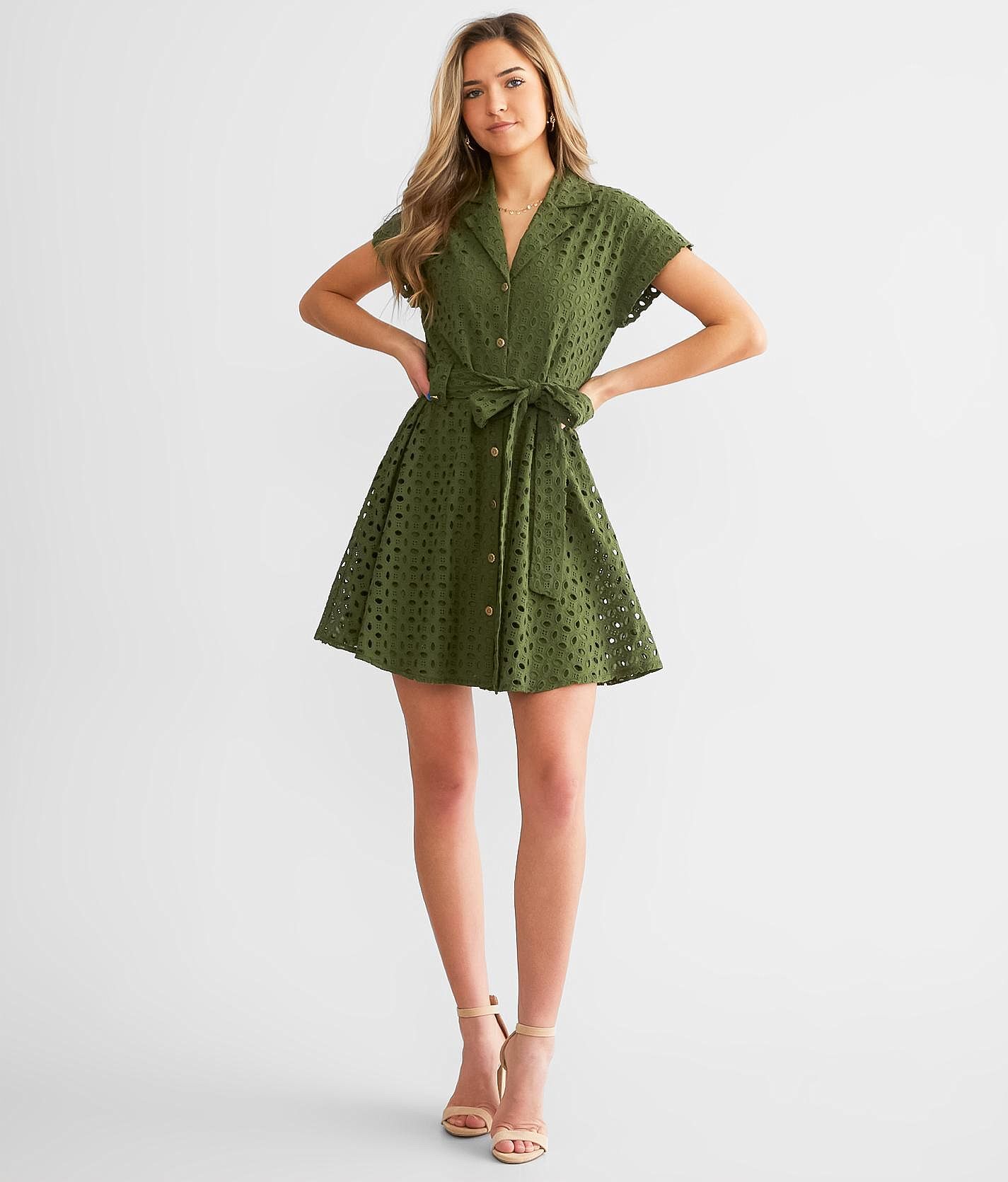 Ever After Collared Eyelet Mini Dress  - Green - female - Size: Extra Small