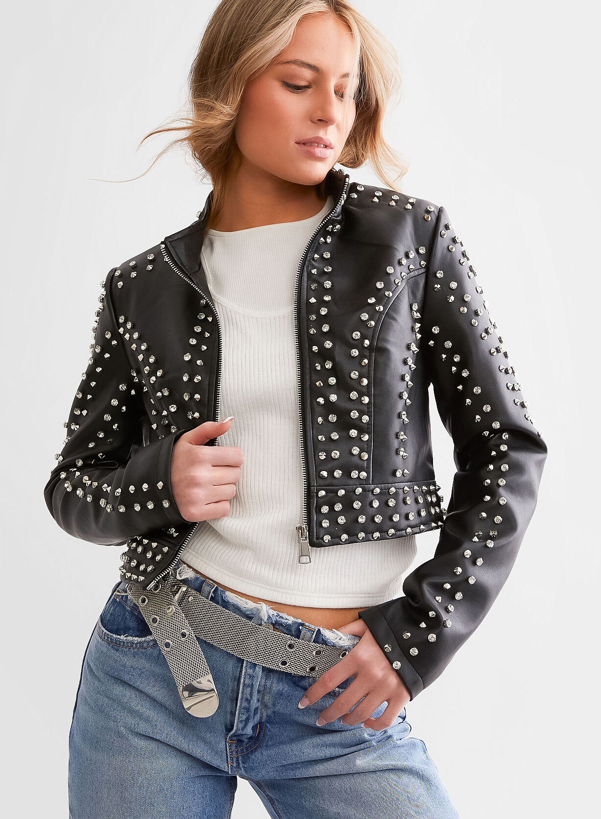 Azalea Wang Glitz Cropped Faux Leather Jacket  - Black - female - Size: Medium