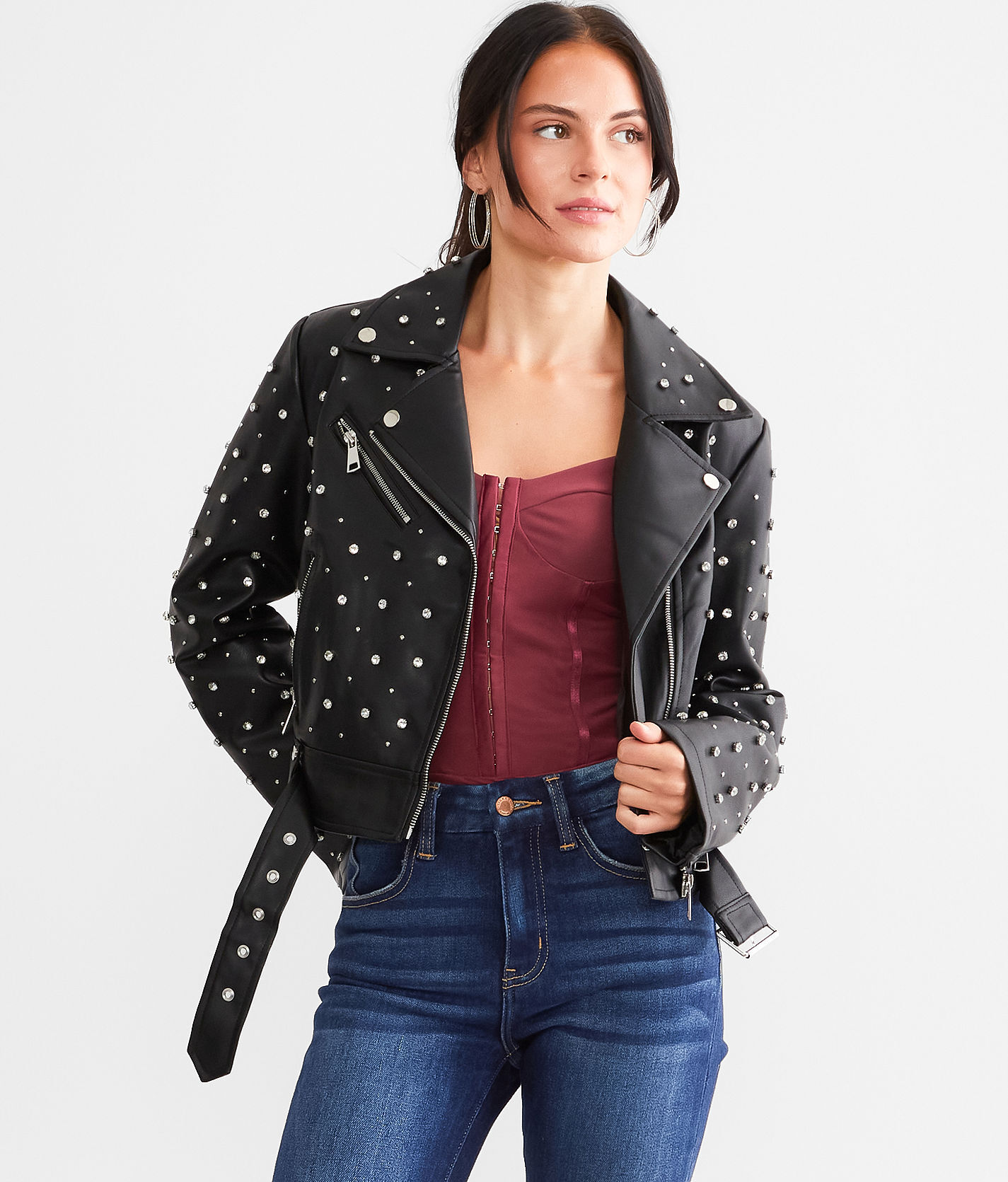 Azalea Wang Glitz Cropped Faux Leather Jacket  - Black - female - Size: Medium