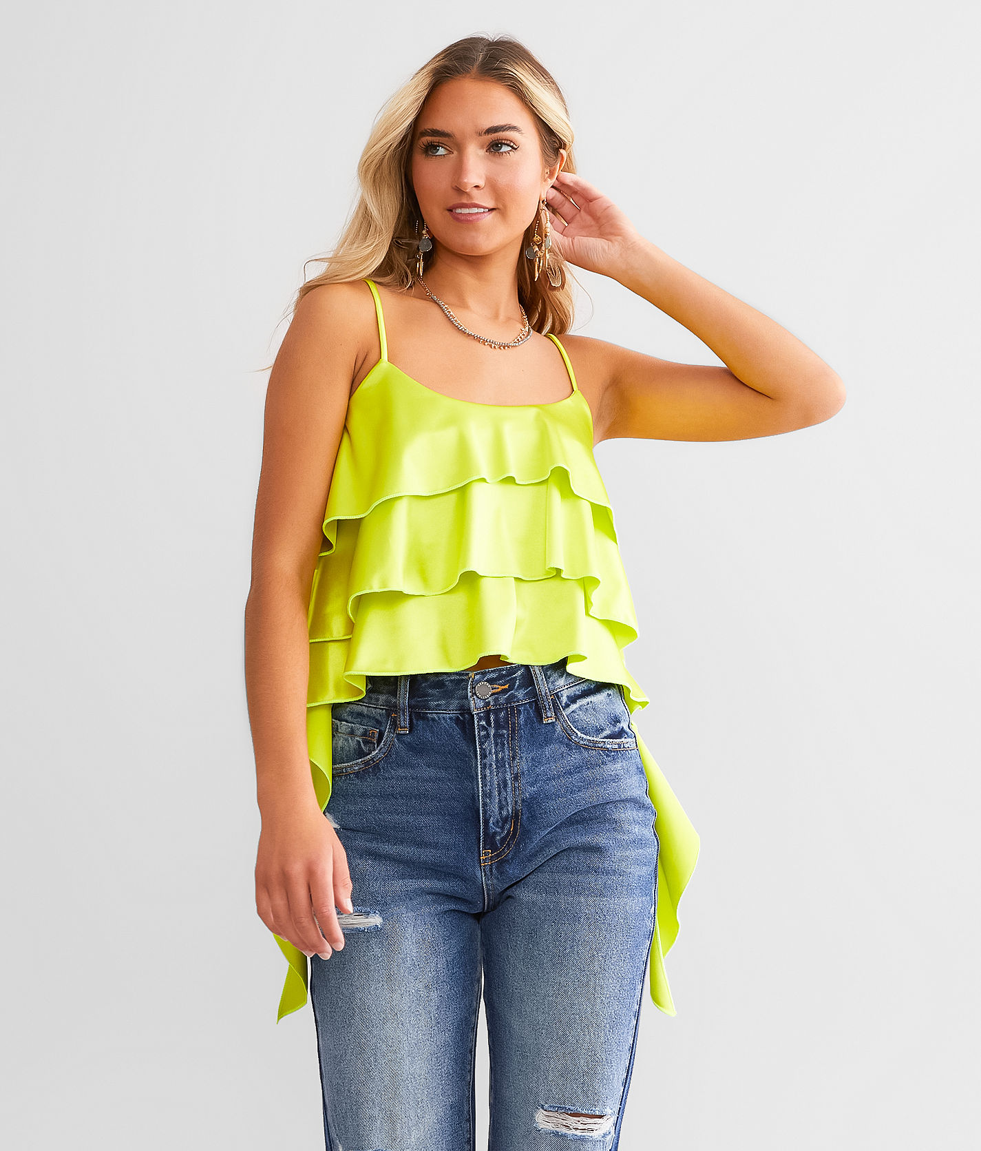 Gee Gee Clothing Satin Ruffle Tank Top  - Green - female - Size: Large