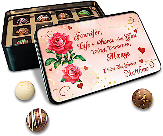 The Bradford Exchange 12 Deluxe Chocolate Truffles In 6 Varieties With Gift Box Personalized With Your Loved One's Name - Personalized Jewelry