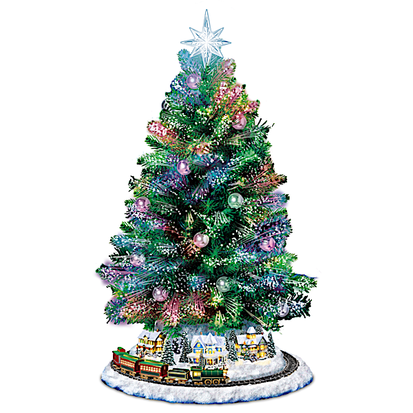 The Bradford Exchange Thomas Kinkade Fiber Optic Tabletop Tree Lights Up with Music and Rotating Train