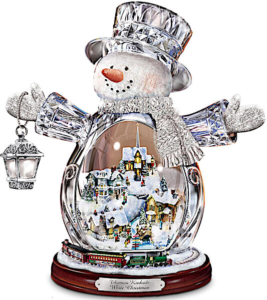 The Bradford Editions Thomas Kinkade Crystal Snowman With Village, Moving Train