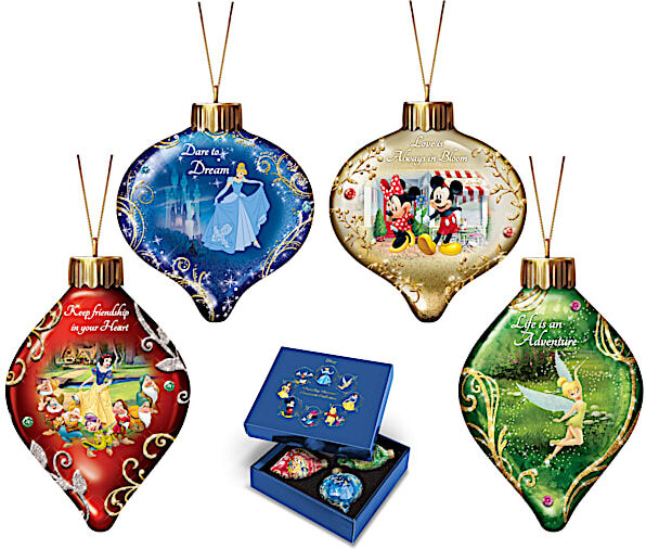 The Bradford Exchange Disney Dazzling Dreams Character Glass Ornament Collection Lights Up: Sets of 4