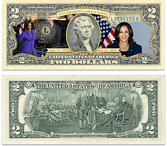 The Bradford Exchange Kamala Harris $2 Bill Currency Collection With Display Box