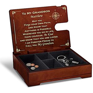 The Bradford Exchange To My Grandson Wooden Keepsake Box Personalized With Your Grandson's Name Featuring 4 Felt-Lined Compartmented Spaces & A Specia