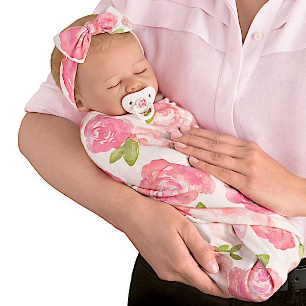The Ashton-Drake Galleries Marissa May Rosie Baby Doll With Custom Rose Print Swaddle Blanket