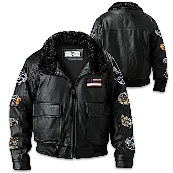 The Bradford Exchange Ride Hard Live Free Men's Leather Bomber Jacket With 8 Patches