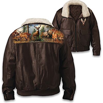 The Bradford Exchange Joseph Hautman Deer Art Men's Leather Bomber Jacket The Bradford Exchange Joseph Hautman Deer Art Men's Leather Bomber Jacket