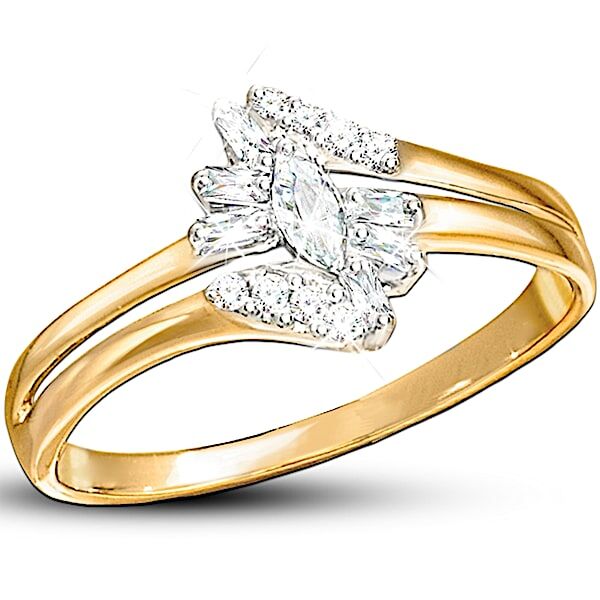 The Bradford Exchange Solid 10K Gold Ring with 15 Diamonds in 3 Stone Cuts