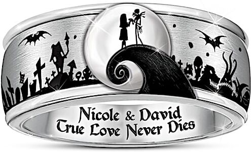 The Bradford Exchange Disney Tim Burton's The Nightmare Before Christmas Undying Love Stainless Steel Spinning Ring With Silhouette Character Art Pers