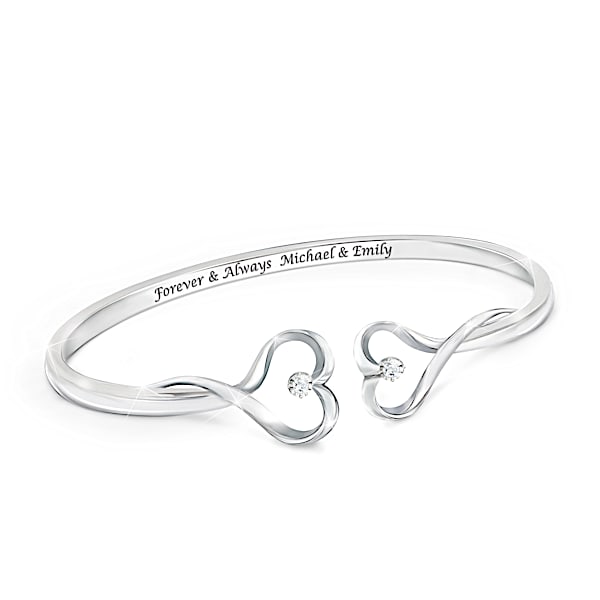 The Bradford Exchange Forever & Always Sterling Silver Plated Personalized Bracelet Featuring An Open Bangle Design With 2 Sculpted Hearts Each Set Wi