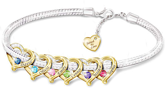 The Bradford Exchange My Family Joined By Love Bracelet Adorned With Heart-Shaped Charms Personalized With 6 Engraved Names & Birthstones With The Opt