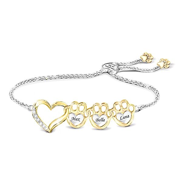 The Bradford Exchange Paw Prints On My Heart Bolo Bracelet Personalized With Your Pets Names Featuring An 18K Gold-Plated Heart-Shaped Charm Adorned W