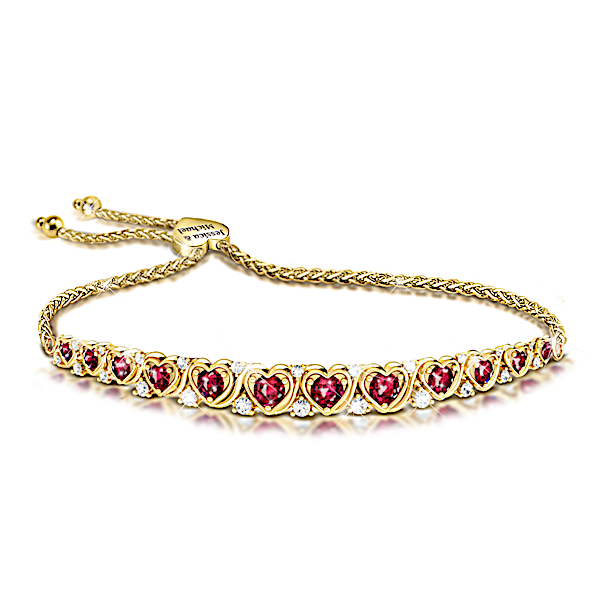 The Bradford Exchange A Dozen Rubies Of Love Personalized 18K Gold-Plated Bolo Bracelet Featuring 12 Lab Grown Rubies Set In Hearts And Adorned With 2