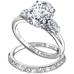 The Bradford Exchange Brilliance Of Our Love Personalized Sterling Silver Bridal Ring Set Featuring Over 5 Carats Of Simulated Diamonds & Heart-Shaped The Bradford Exchange Brilliance Of Our Love Personalized Sterling Silver Bridal Ring Set Featuring Over 5 Carats Of Simulated Diamonds & Heart-Shaped
